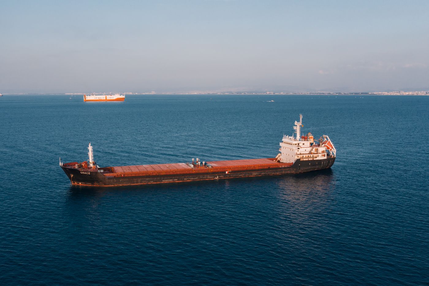Aerial view of a container ship crossing the open sea